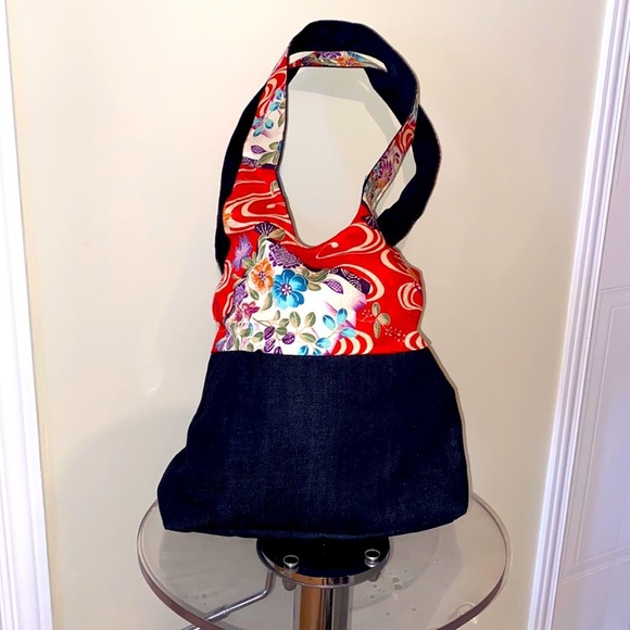 🆕RARE Japanese handmade repurposed denim & kimono 👘 tote bag / hidden zips - Picture 4 of 13